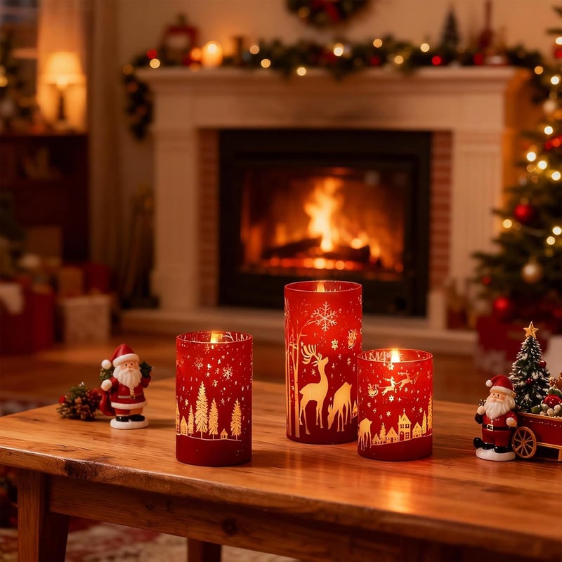 DRomance Christmas Flameless Candles Battery Operated with 10-Key Remote and Timer 3D Wick Flickering Electroplating Glass Reindeer LED Candles Indoor Holiday Decorations(Red, 3" D x 4", 5", 6" H) - Image 5